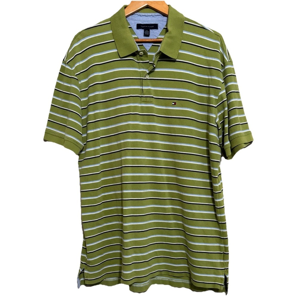 Vintage Tommy Hilfiger Polo Shirt Mens XXL Tall? Green‎ Striped Preppy Old Money